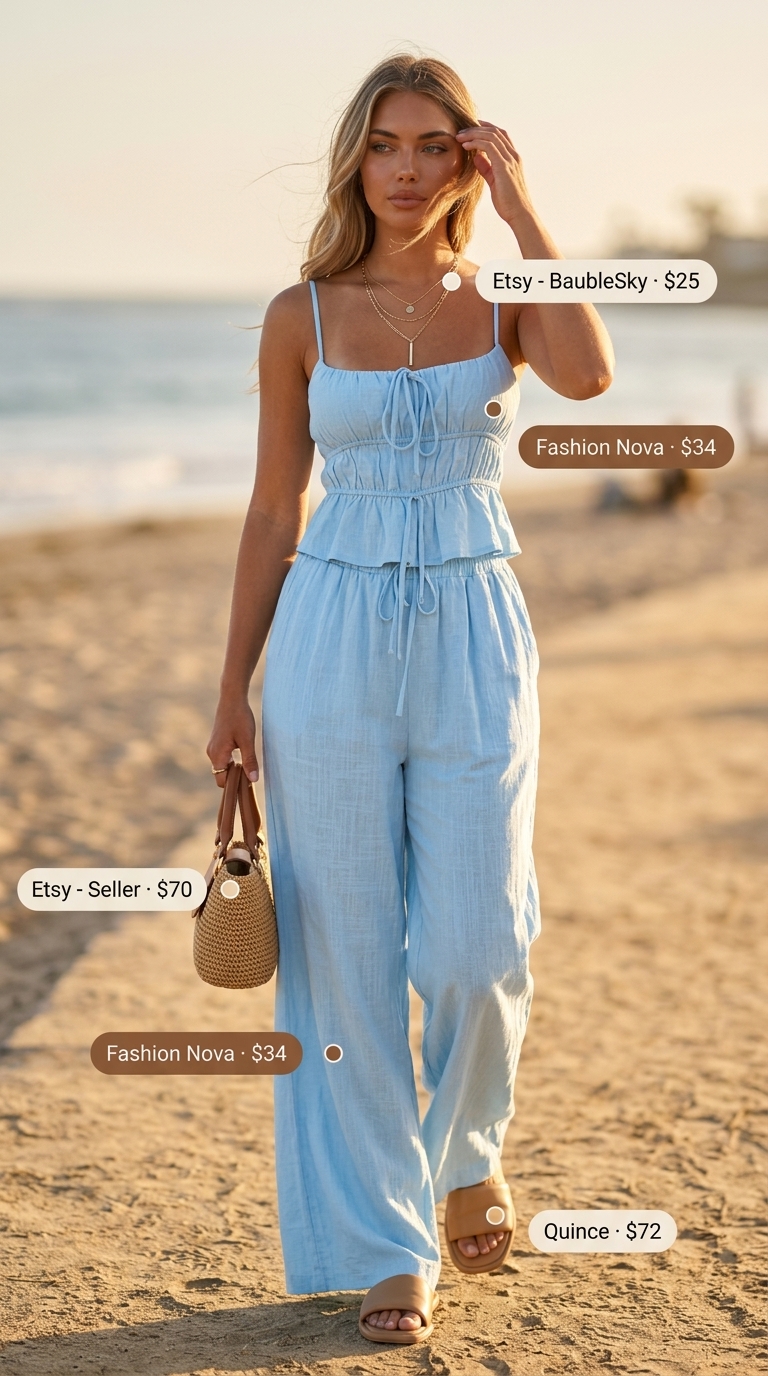 Summer Two Piece Set Outfits for Women 2026: Coastal breeze linen set in sky blue with wide-leg pants and cropped shirt.
