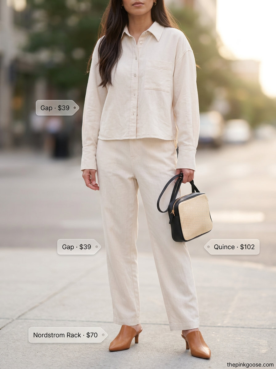 Summer Two Piece Set Outfits for Women 2026: Minimalist monochrome linen set in cream with oversized shirt and tailored shorts.