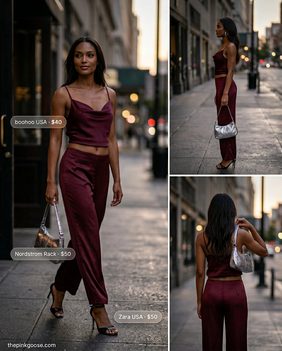 Summer Two Piece Set Outfits for Women 2026: Elegant evening satin set in burgundy with cowl neck camisole and wide-leg pants.