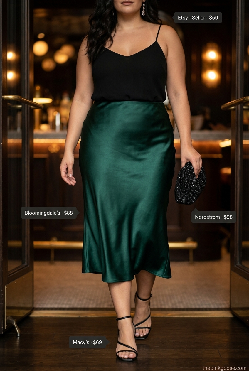 Summer Two Piece Set Outfits for Women 2026: Glamorous satin slip set in emerald green with cowl neck camisole and bias-cut skirt.