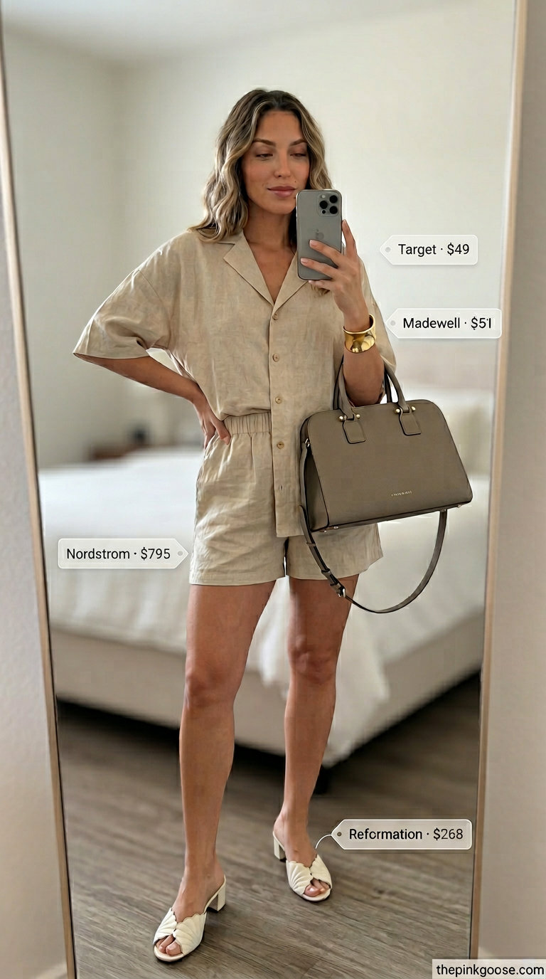 Polished beige linen set for business casual in 2026. Minimalist outfit with block heel mules and a leather tote.