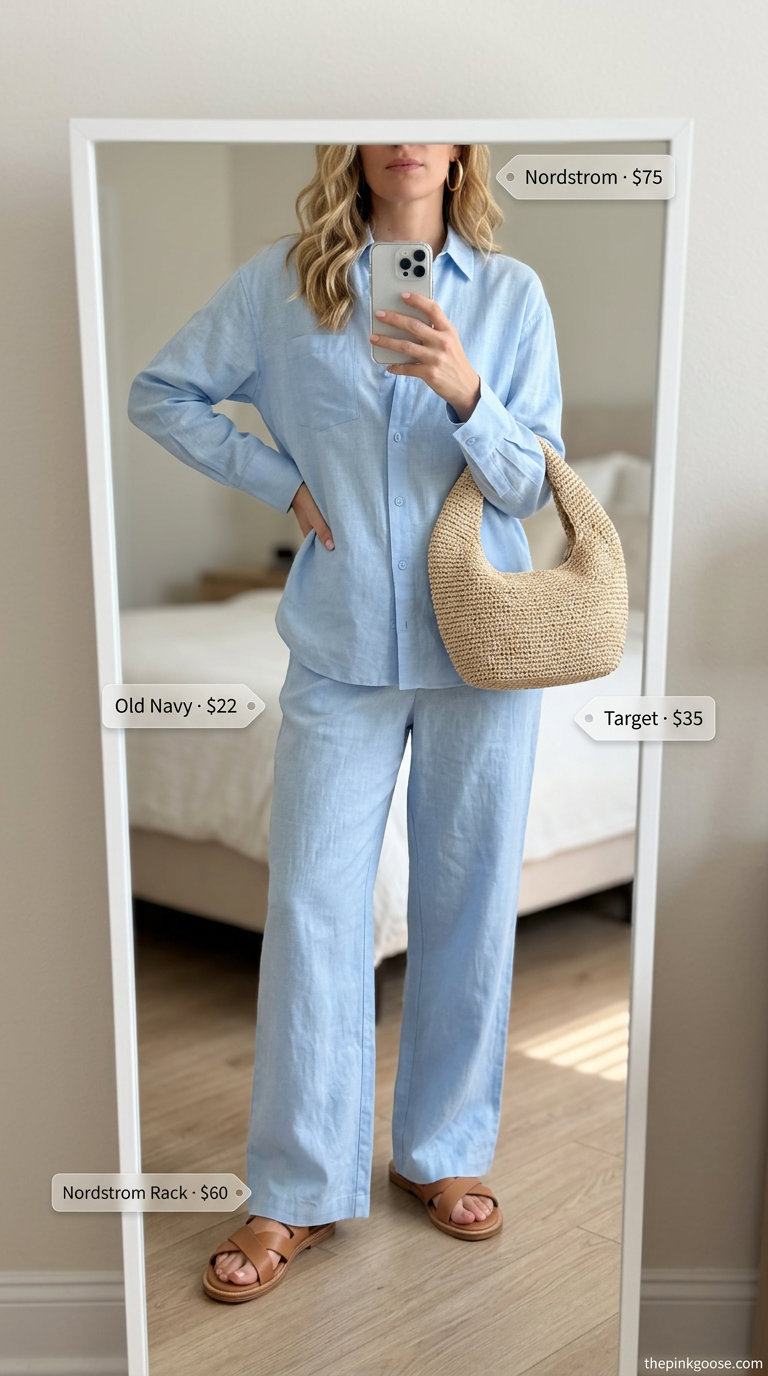 Relaxed light blue linen set for beach days in 2026. Chic outfit with slide sandals and a straw tote.