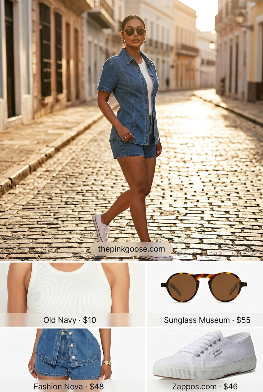 Retro denim two piece set for casual weekends in 2026. Cool outfit with sneakers and a crossbody bag.