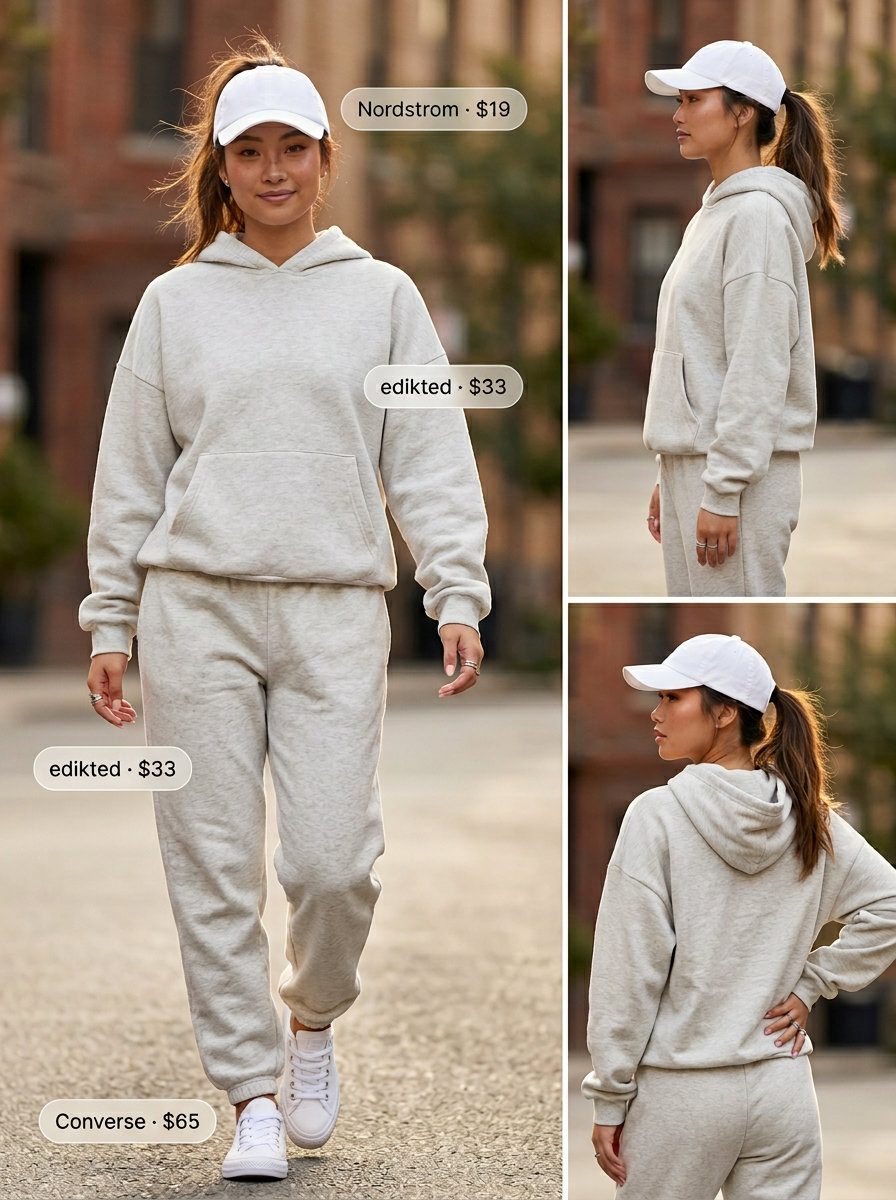 Sporty grey knit set for casual outings in 2026. Comfortable outfit with sneakers and a baseball cap.