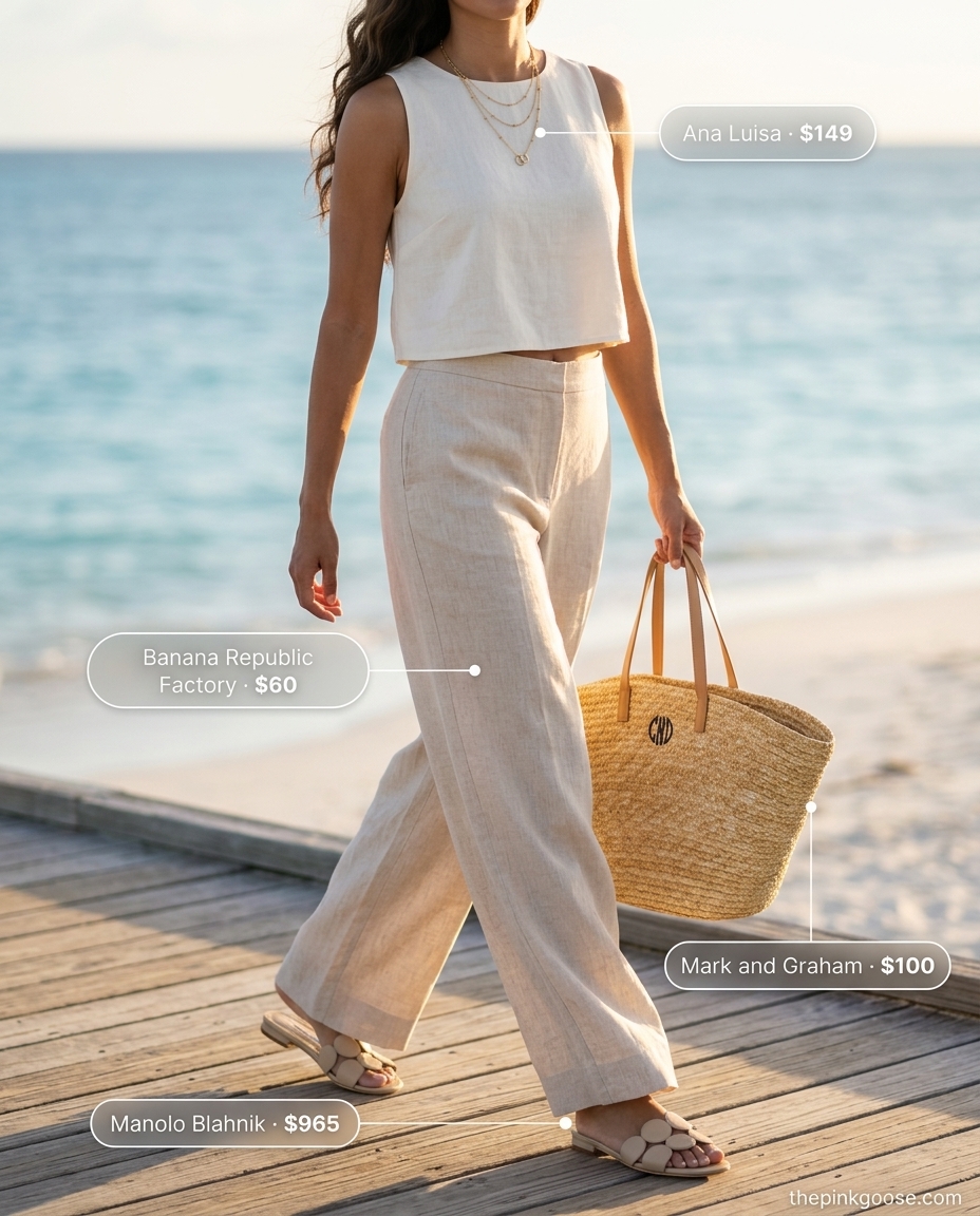 Ivory linen wide-leg pants and shirt set for women, perfect for beach vacations. 2026.