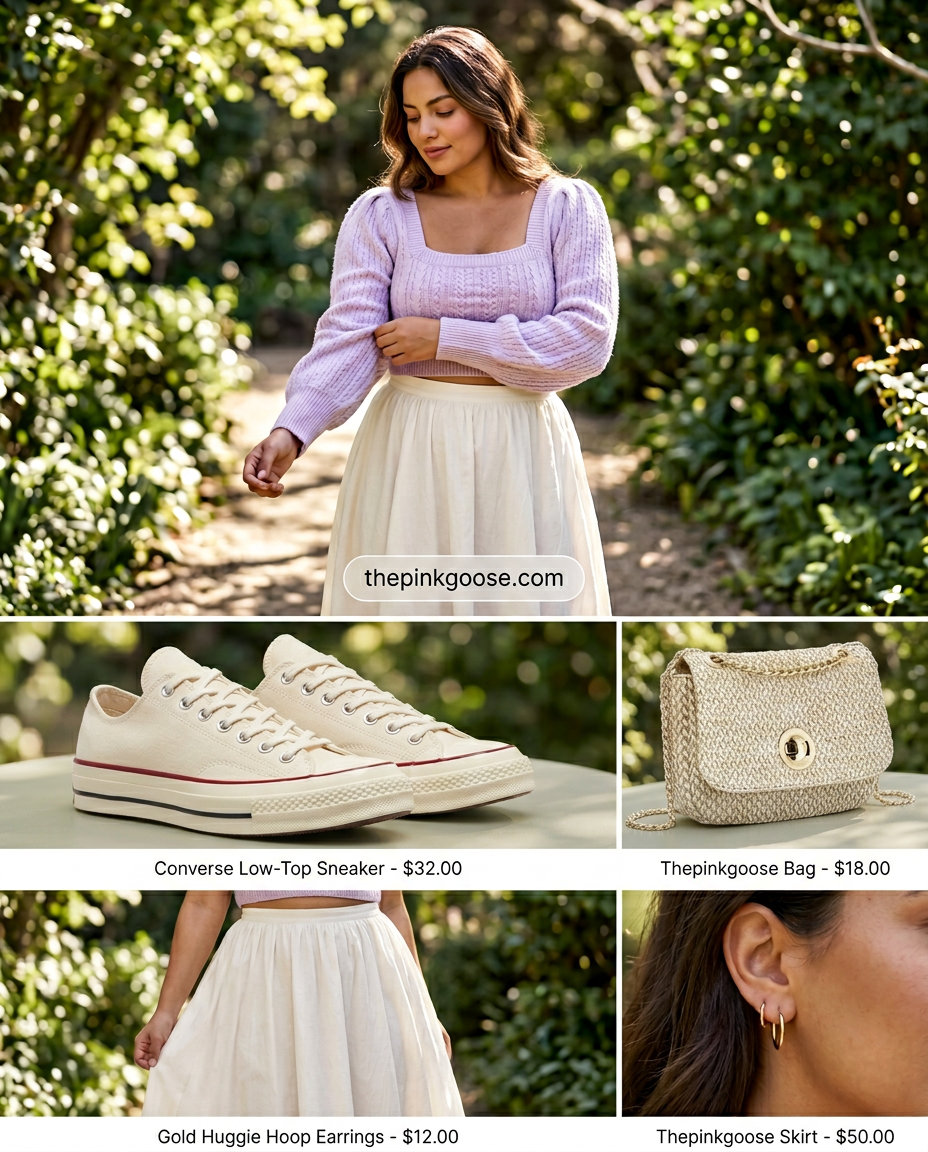 Feminine lilac knit set for casual outings in 2026. Dreamy outfit with sneakers and gold hoop earrings.