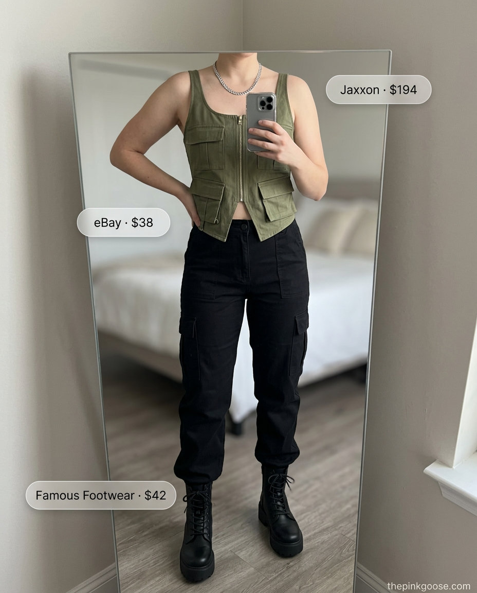 Olive green cargo two piece set for women exploring the city in 2026. Edgy, practical outfit with combat boots.