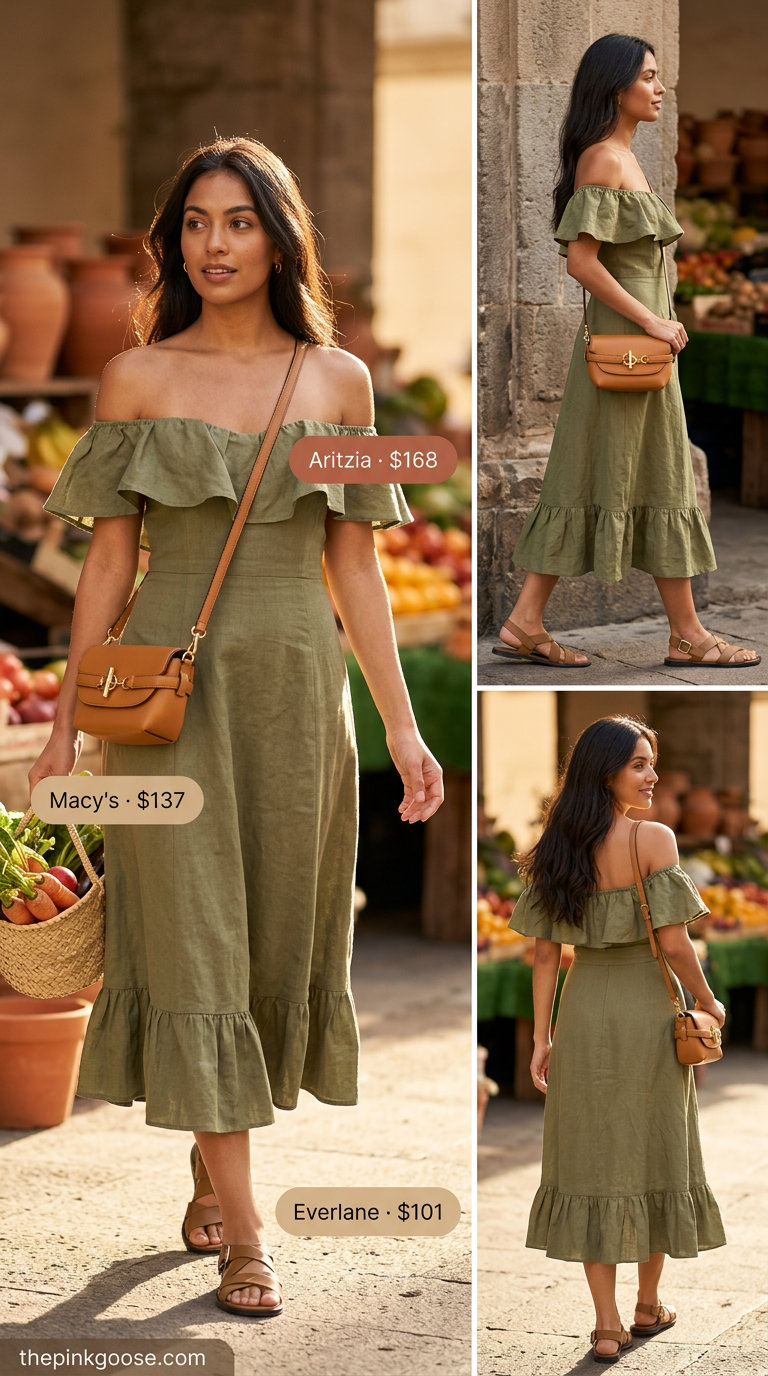 Minimalist olive green linen set for travel in 2026. Elegant outfit with flat sandals and a structured crossbody.