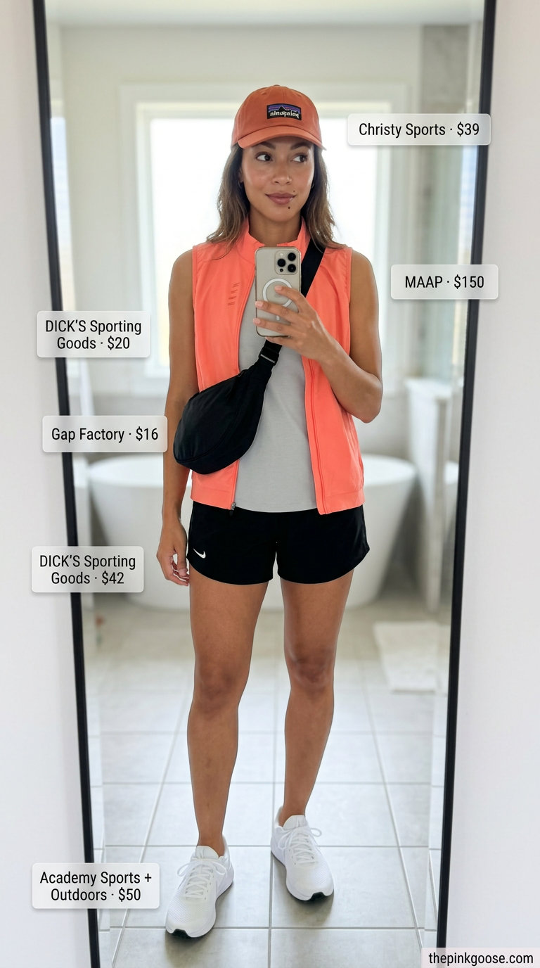 Active summer vest outfit for women 2026: Performance vest, tank, shorts, sneakers, and cap for workouts.