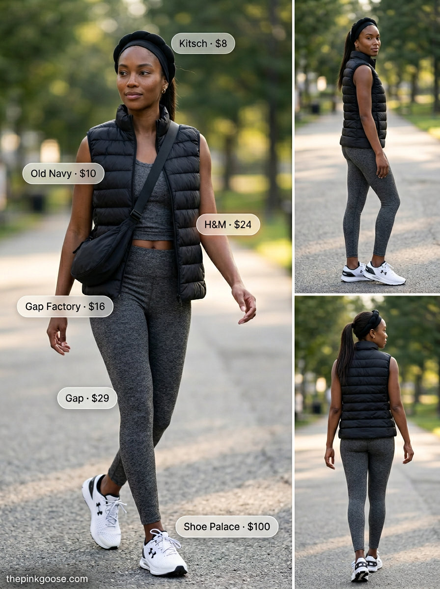 Athleisure summer vest outfit for women 2026: Puffer vest, leggings, sports bra, sneakers, and headband for active days.