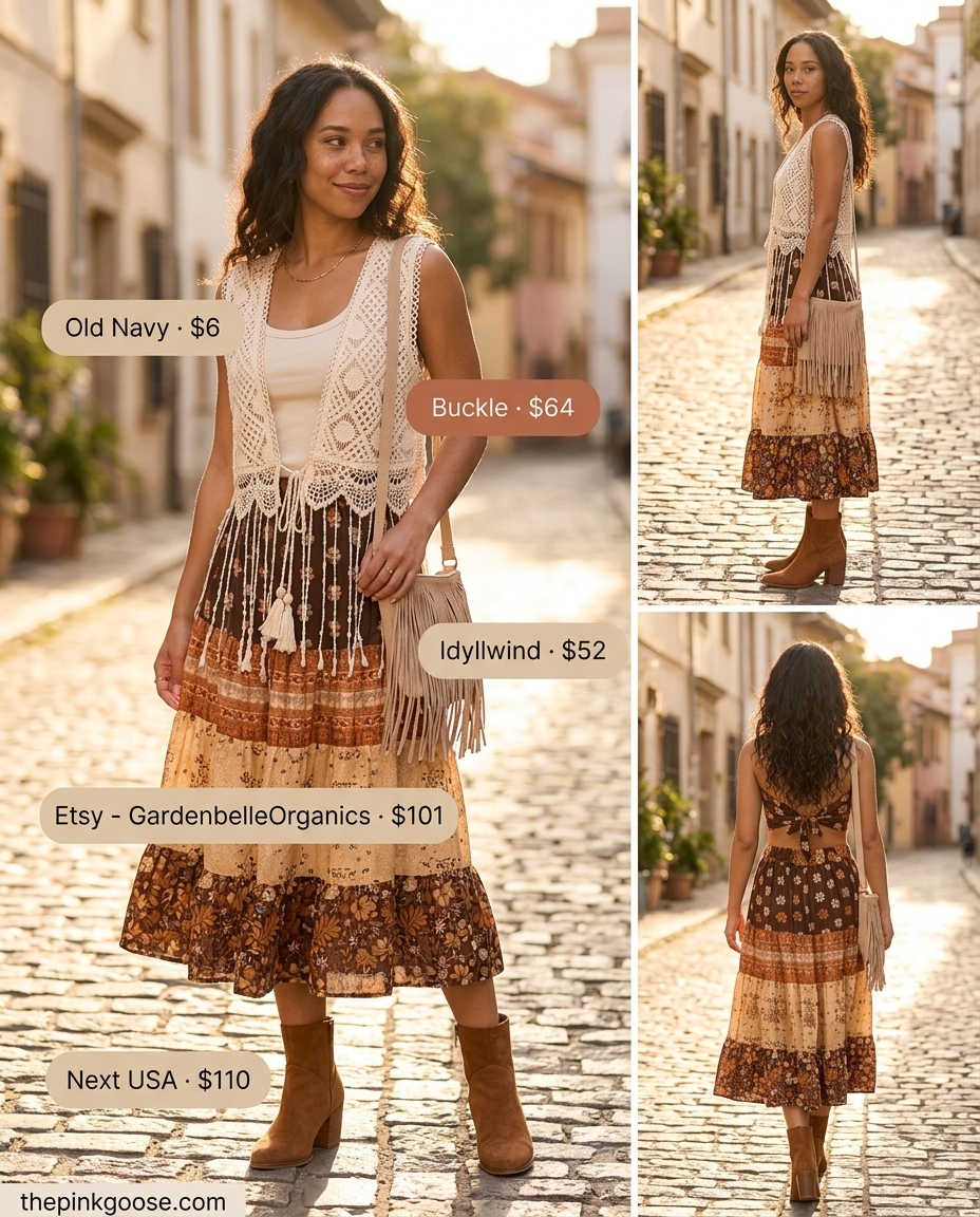 Boho summer vest outfit for women 2026: Crochet vest, maxi skirt, tank, suede boots, and fringe bag for festivals.
