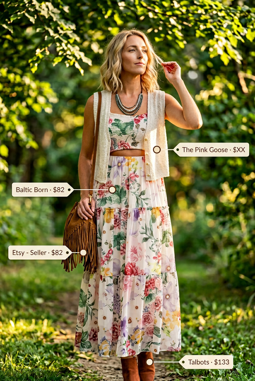 Boho Summer Vest Outfits for Women 2026: Floral dress, suede boots, fringe bag, layered necklaces.