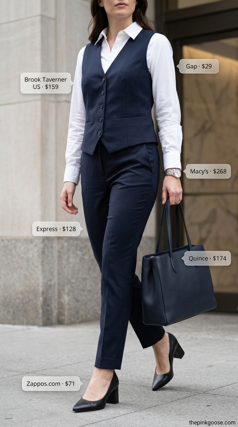 Office Summer Vest Outfits for Women 2026: Navy vest, white shirt, black trousers, black pumps.
