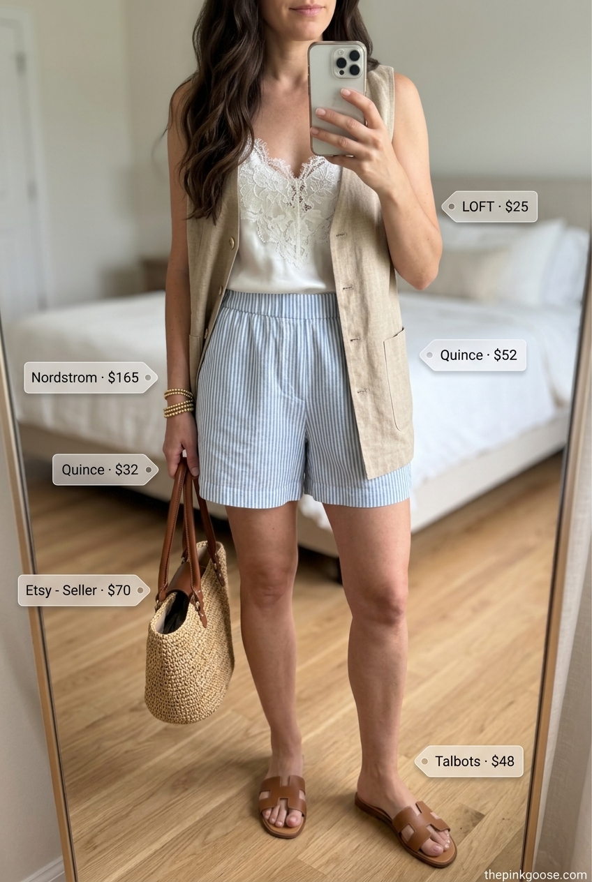 Coastal Summer Vest Outfits for Women 2026: Cream vest, white shorts, white camisole, straw tote.