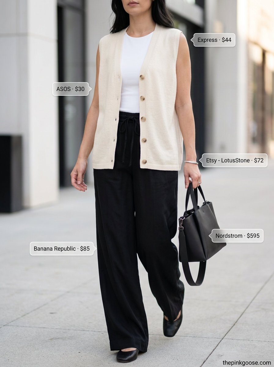 Modern minimalist knit vest outfit for women 2026. Cream vest, white top, black trousers for chic casual.