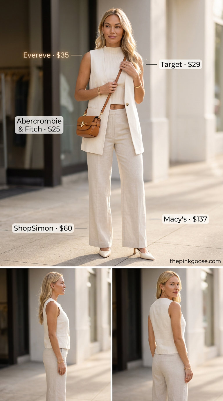 Modern minimalist summer vest outfit for women 2026: Linen vest, trousers, knit top, mules, and crossbody bag.