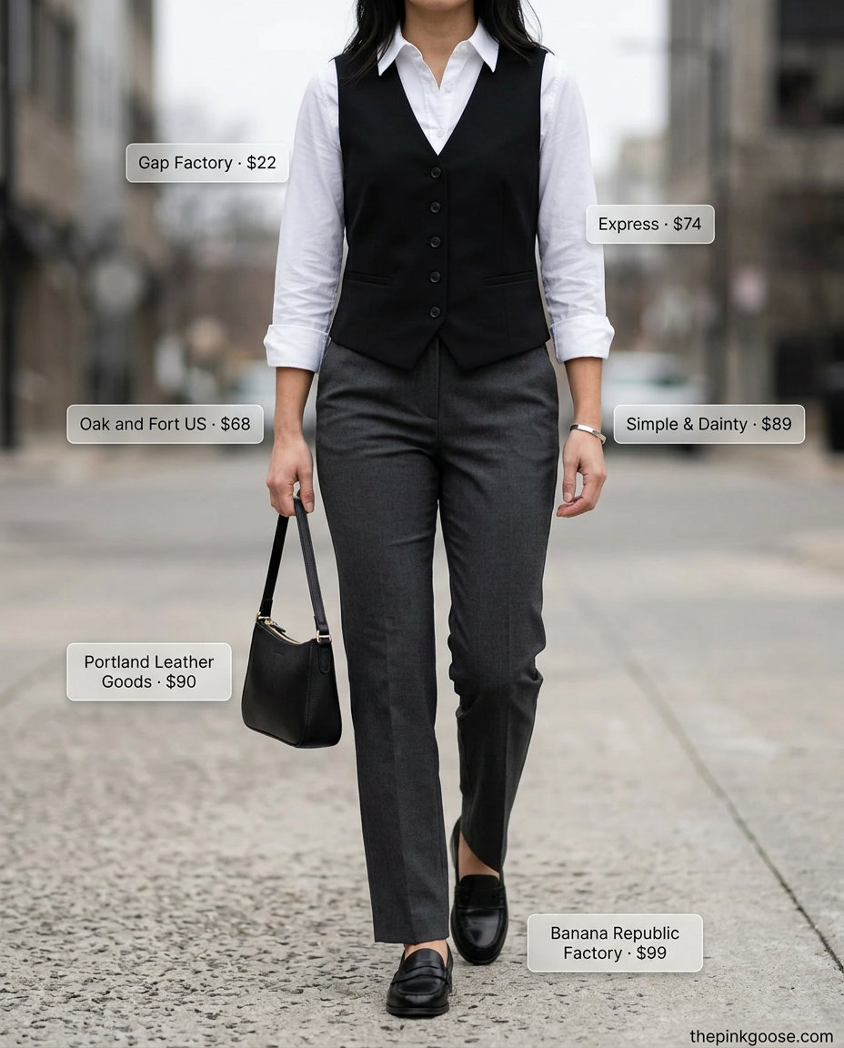 Modern Summer Vest Outfits for Women 2026: Black vest, white shirt, grey trousers, black loafers.