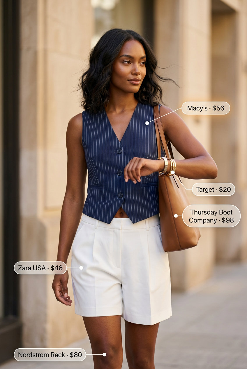 Preppy chic navy and white pinstripe vest outfit for women 2026. Smart casual event look with shorts & loafers.