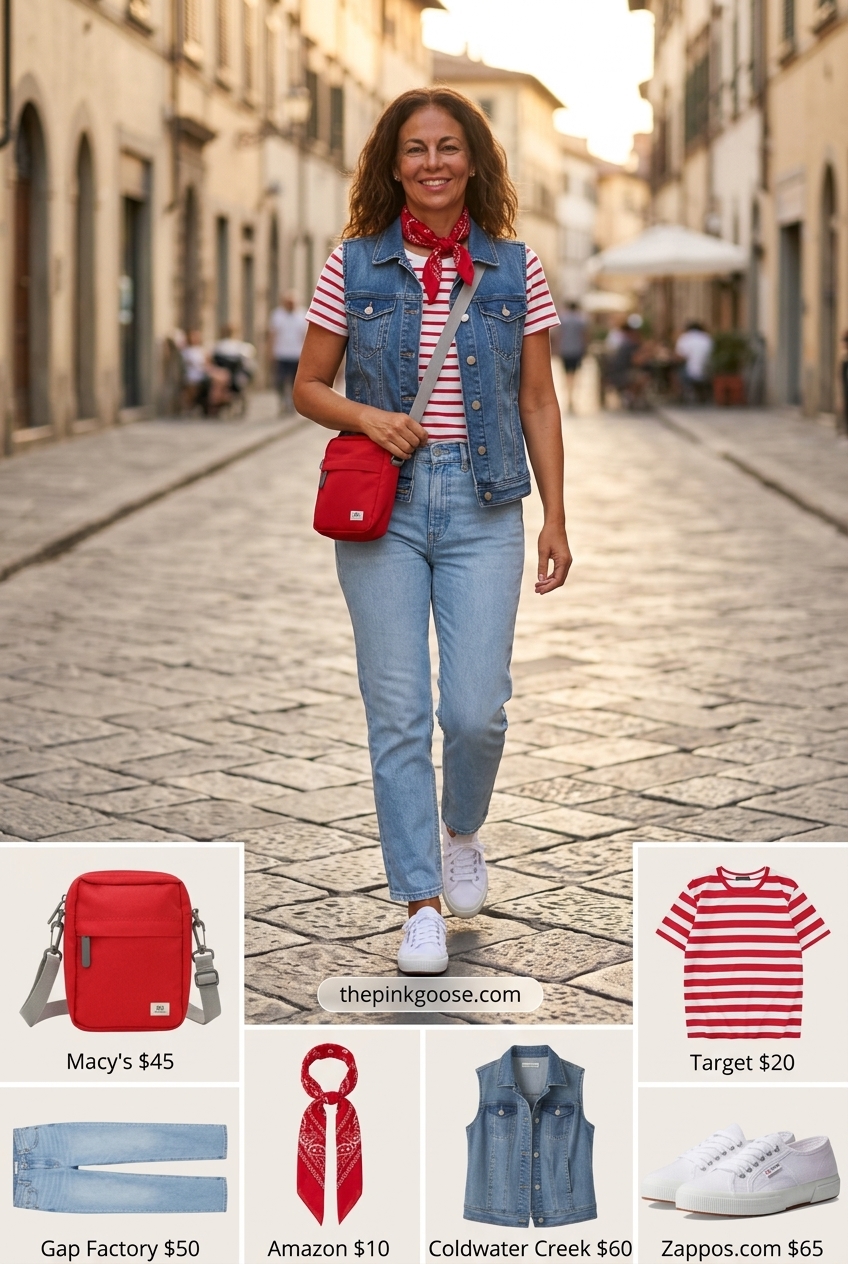 Retro summer vest outfit for women 2026: Denim vest, striped tee, jeans, red bandana, and sneakers for casual fun.