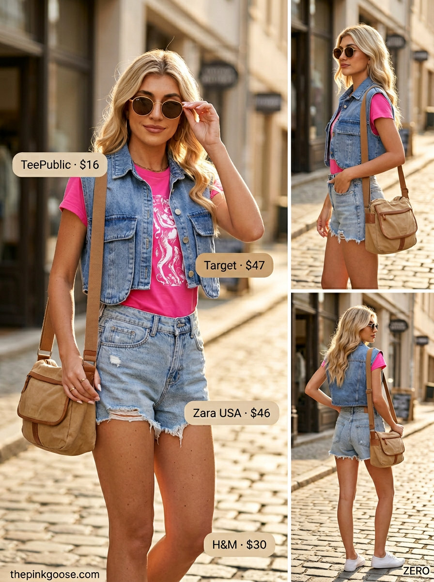 Retro Summer Vest Outfits for Women 2026: Denim vest, graphic tee, denim shorts, canvas sneakers.