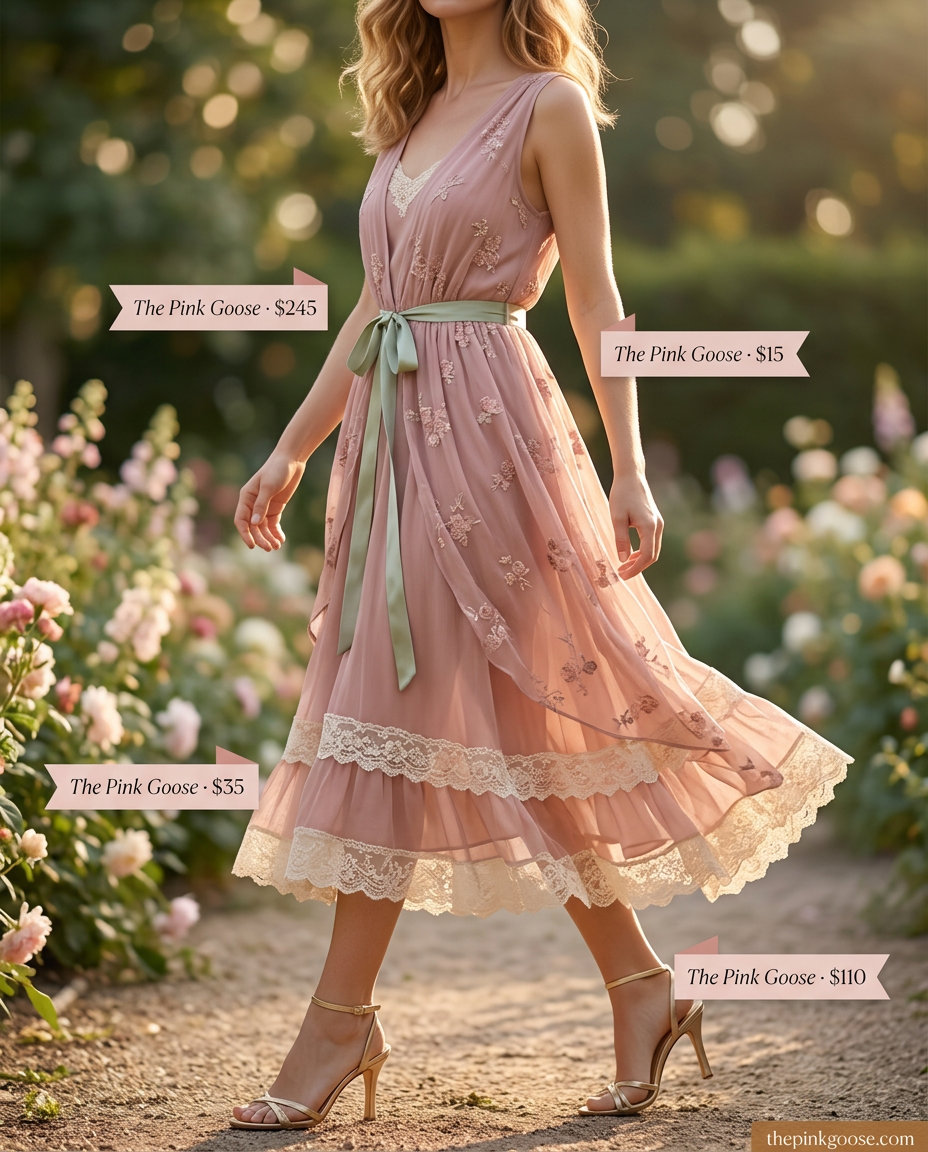 Romantic pastel floral midi dress outfit for women 2026. Perfect for garden parties and summer weddings.