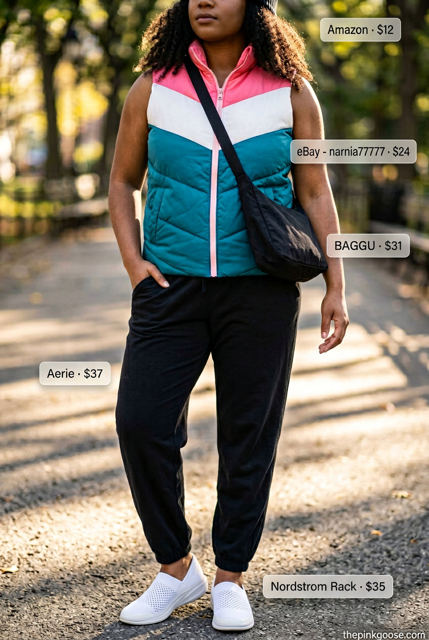 Athleisure Summer Vest Outfits for Women 2026: Colorblock vest, matching bra, joggers, sneakers.