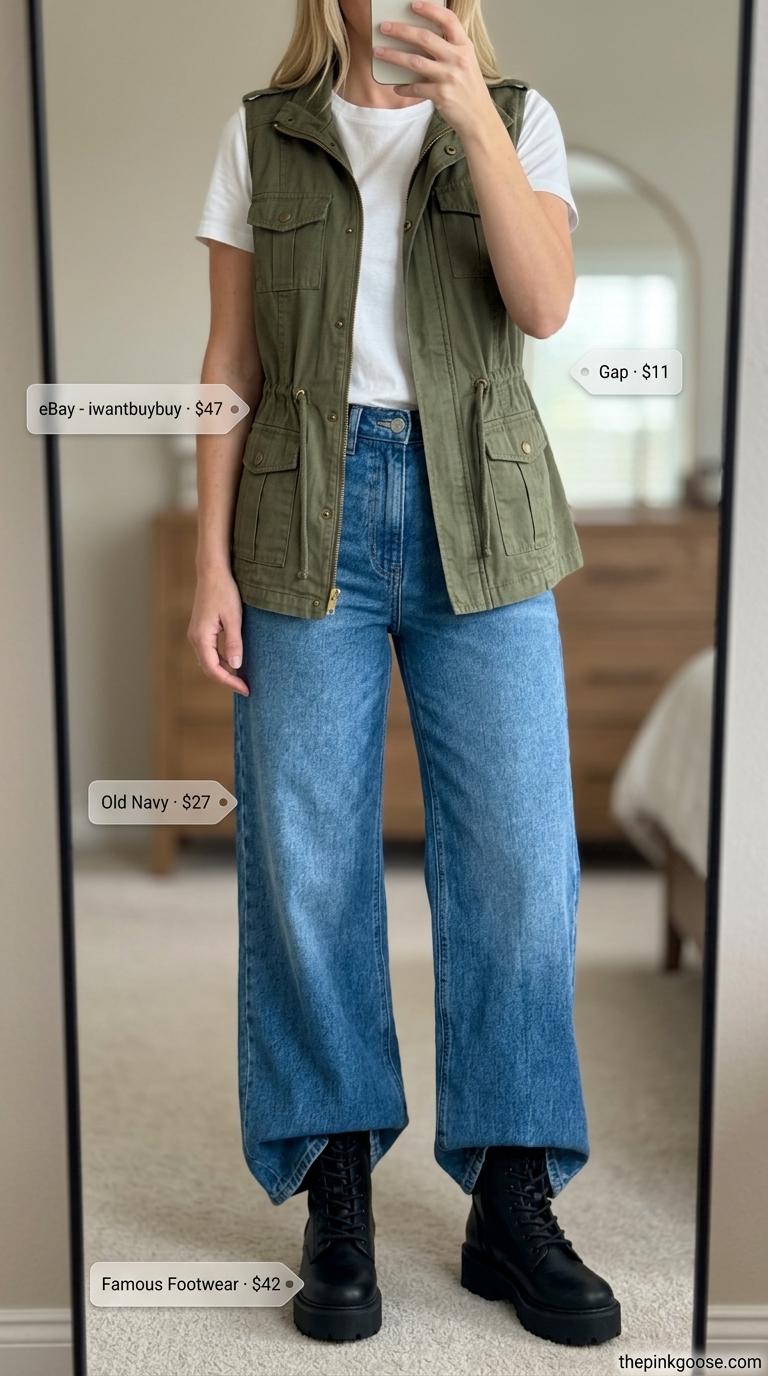 Urban explorer summer vest outfit for women 2026: Cargo vest, wide-leg jeans, tee, combat boots, and belt bag for city days.