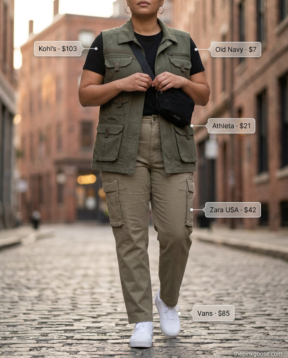 Urban explorer utility vest outfit for women 2026. Olive green vest, cargo pants, sneakers for city exploration.