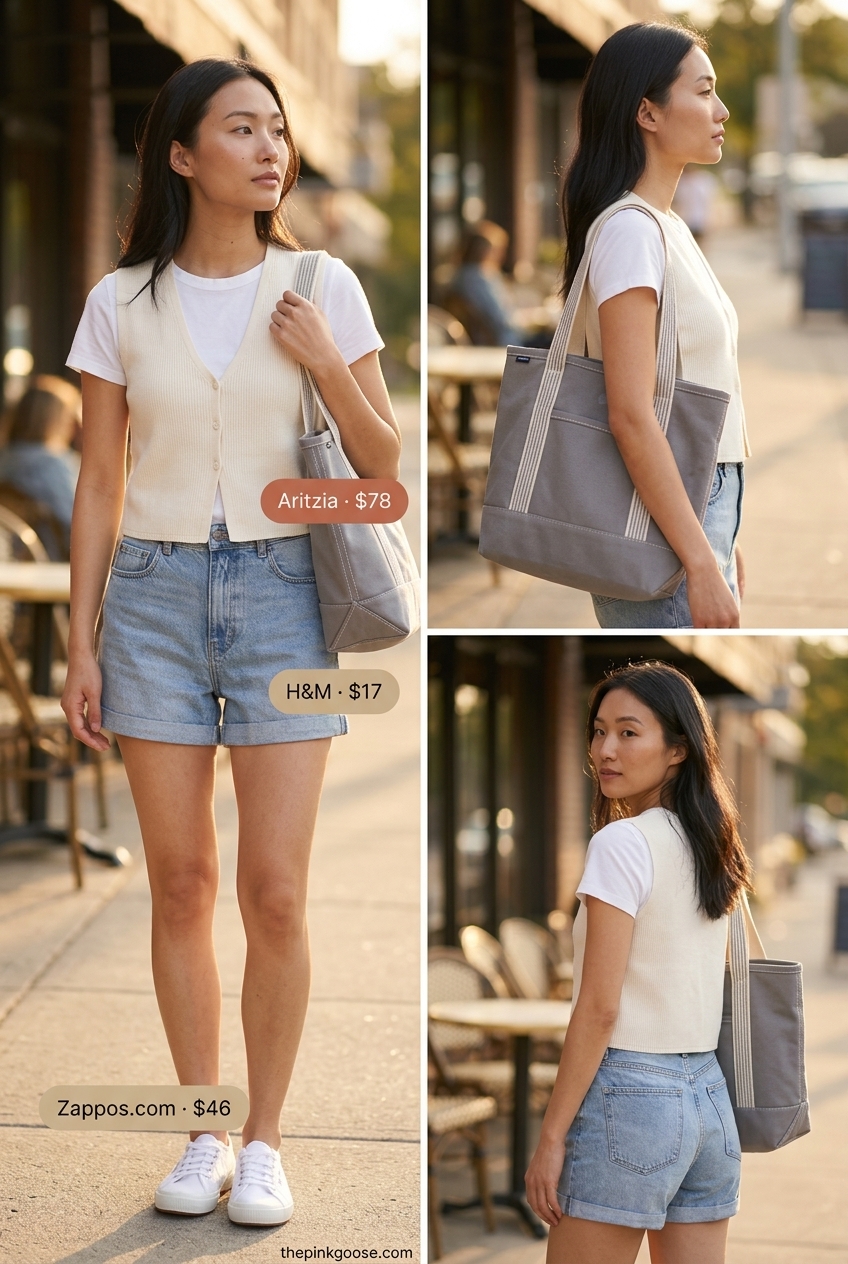 Weekend casual summer vest outfit for women 2026: Knit vest, denim shorts, tee, sneakers, and cap for relaxed days.