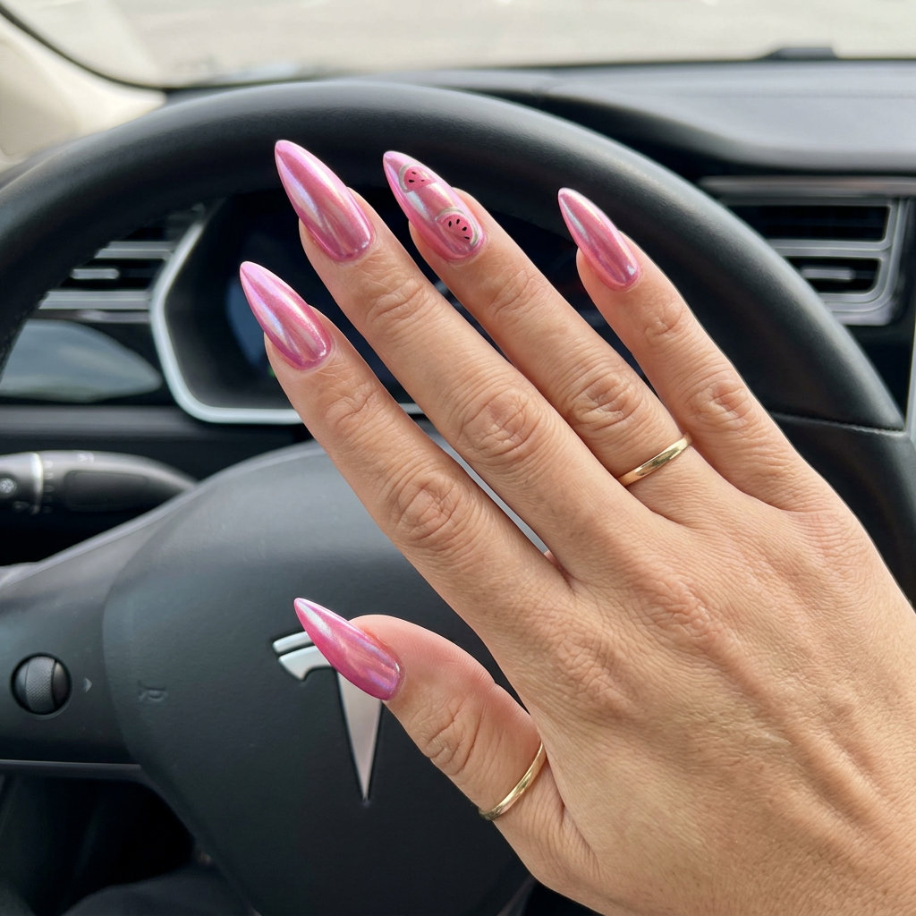 Summer Watermelon nails 2026: Milky pink with shimmering chrome watermelon slice accents on short square nails.