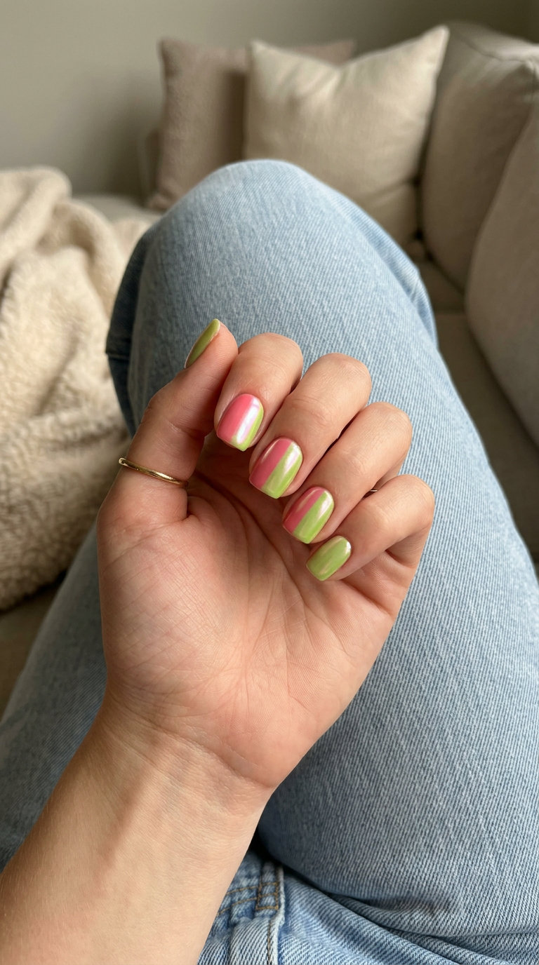 Glazed Pink Watermelon Rind nails for summer Watermelon nails 2026. Pearlescent finish.