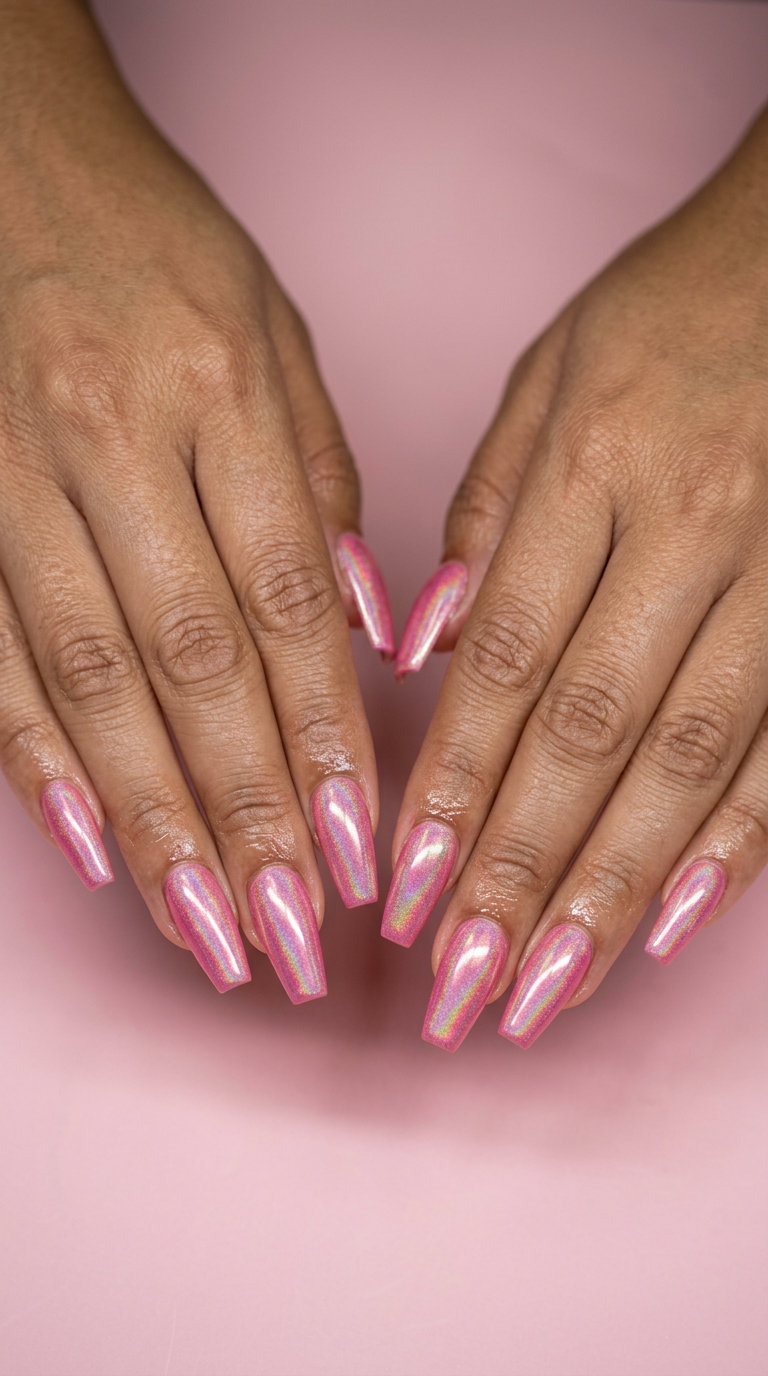 Holographic Pink Watermelon Sparkle nails for summer Watermelon nails 2026. Glamorous pink.