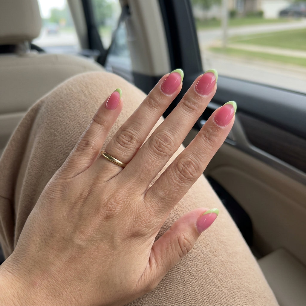 Summer Watermelon nails 2026: Jelly pink reverse French with lime green rind accent on short nails.