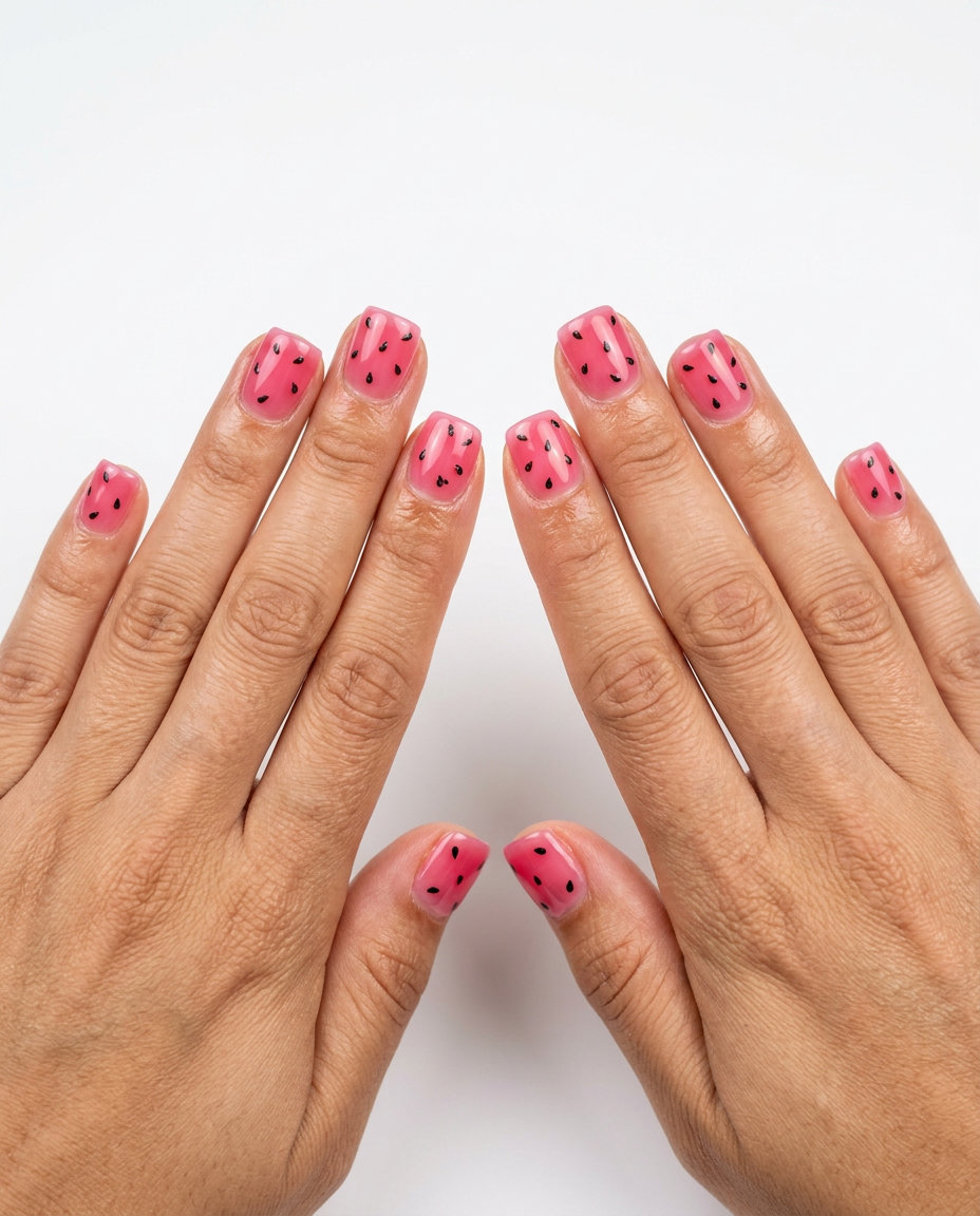 Jelly Pink with Black Seed Decals for summer Watermelon nails 2026. Juicy fruit design.