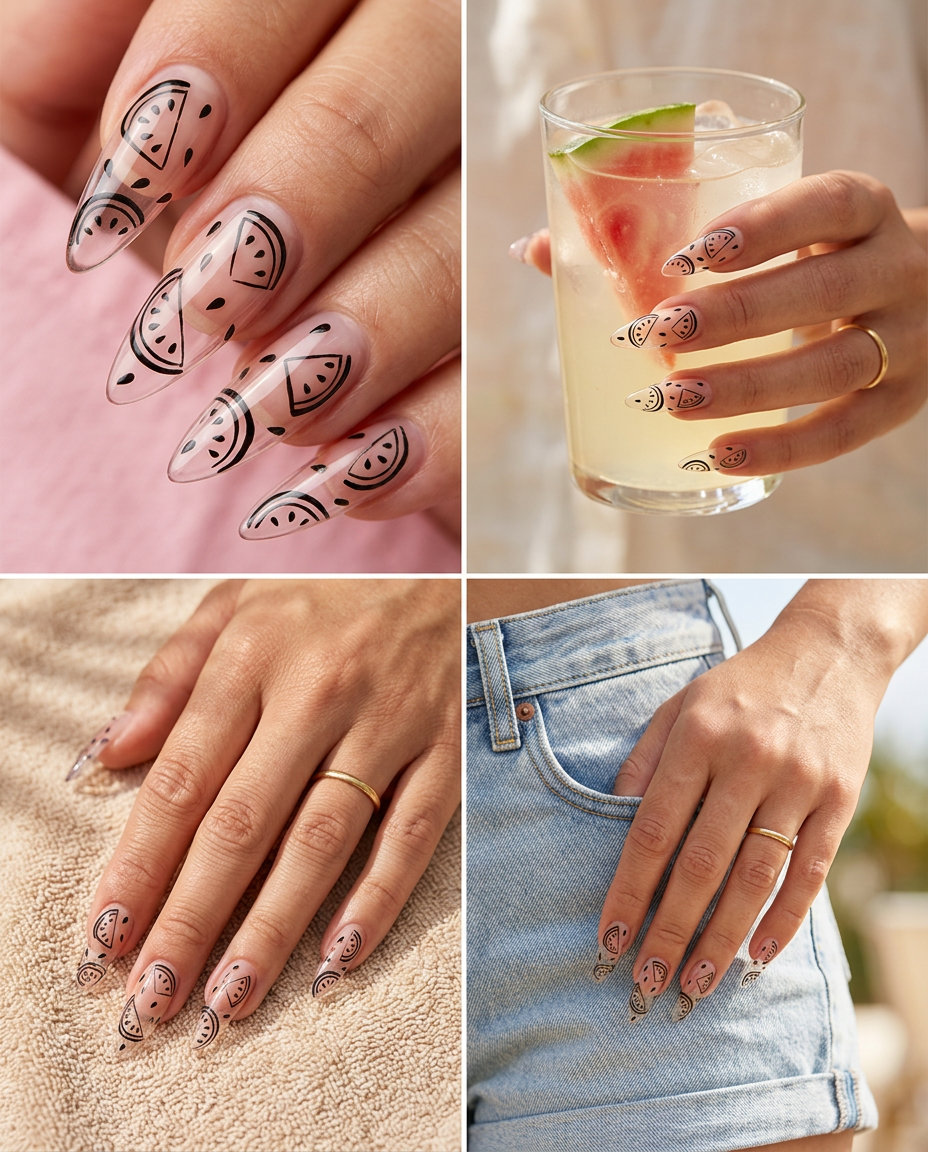 Summer Watermelon nails 2026: Minimalist negative space with black watermelon slice outlines on coffin nails.