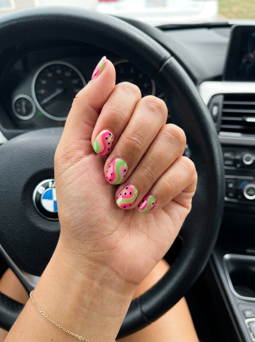 Summer Watermelon nails 2026: Whimsical pink & green swirls with black seed dots on coffin nails. Perfect for festivals.