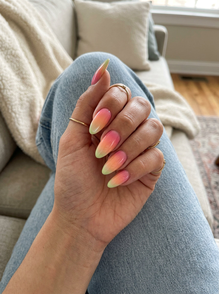 Airbrushed Watermelon Sunset Ombre nails for summer Watermelon nails 2026. Pink, orange, green gradient.