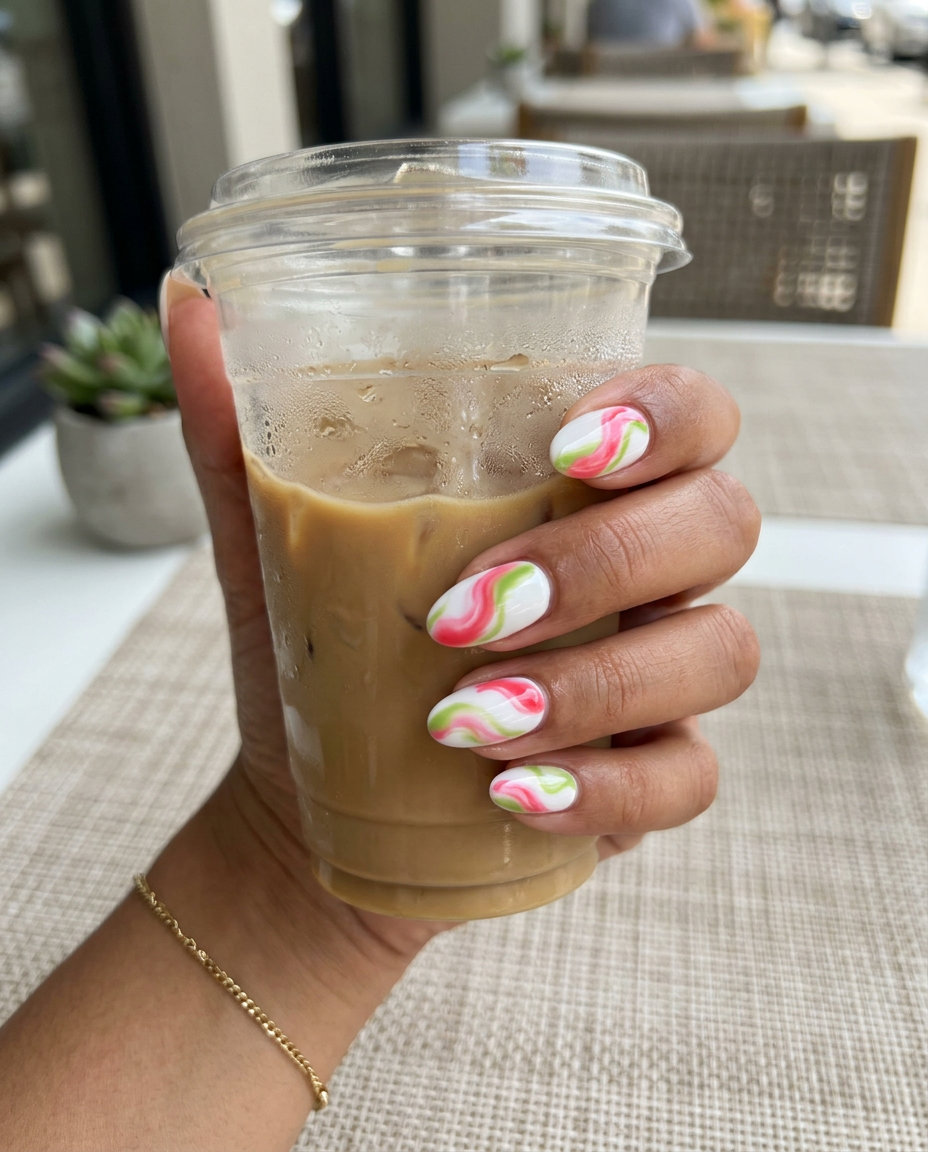 White Swirl Watermelon Whimsy nails for summer Watermelon nails 2026. Pink and green swirls.