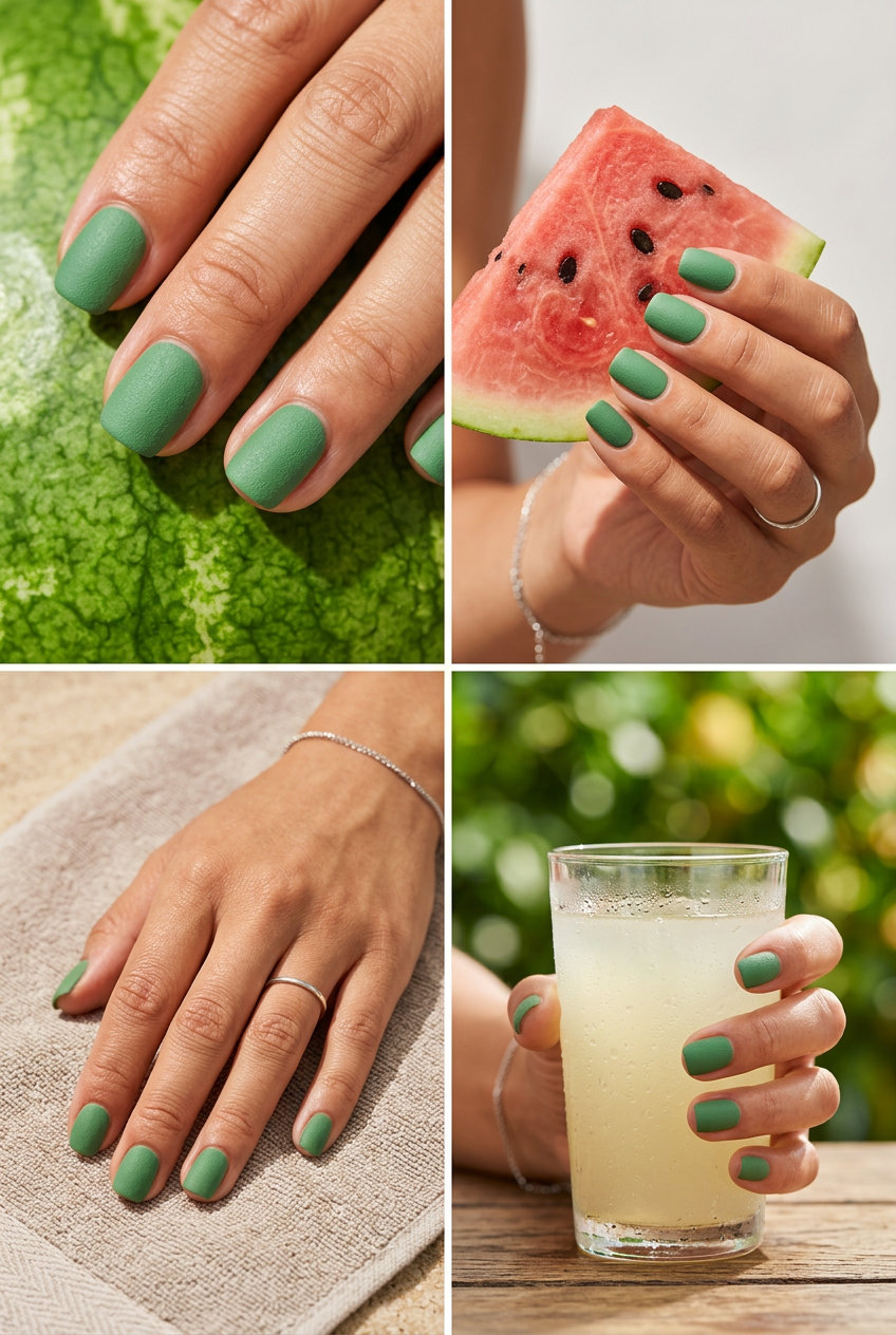 Summer Watermelon nails 2026: Textured matte deep green gradient mimicking watermelon rind on short nails.