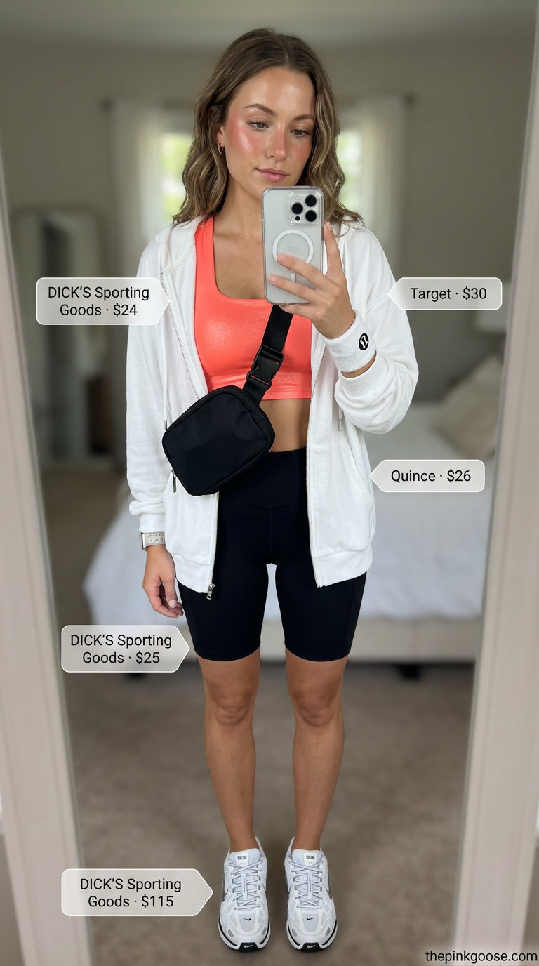 Active Summer Day Outfit: Zip-up hoodie, biker shorts, sports bra, athletic trainers, and belt bag. Ideal for gym or active outings.