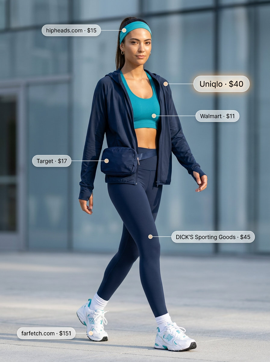 Active Summer Hoodie Outfit: Zip-up hoodie, leggings, sports bra, athletic sneakers, belt bag, and headband. For workouts or hiking.