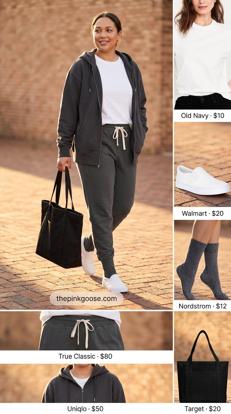 Cozy Evening In Outfit: Zip-up hoodie, jogger pants, tank top, slip-on sneakers, and tote bag. Perfect for loungewear or travel.