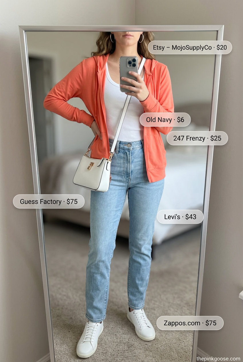 Sunset Drive Style: Zip-up hoodie, white tank, light wash jeans, fashion sneakers, crossbody bag, and hoop earrings.