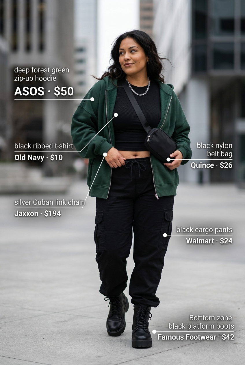 Urban Explorer Hoodie Outfit: Oversized hoodie, cargo pants, t-shirt, combat boots, belt bag, and chain necklace. For city exploration.