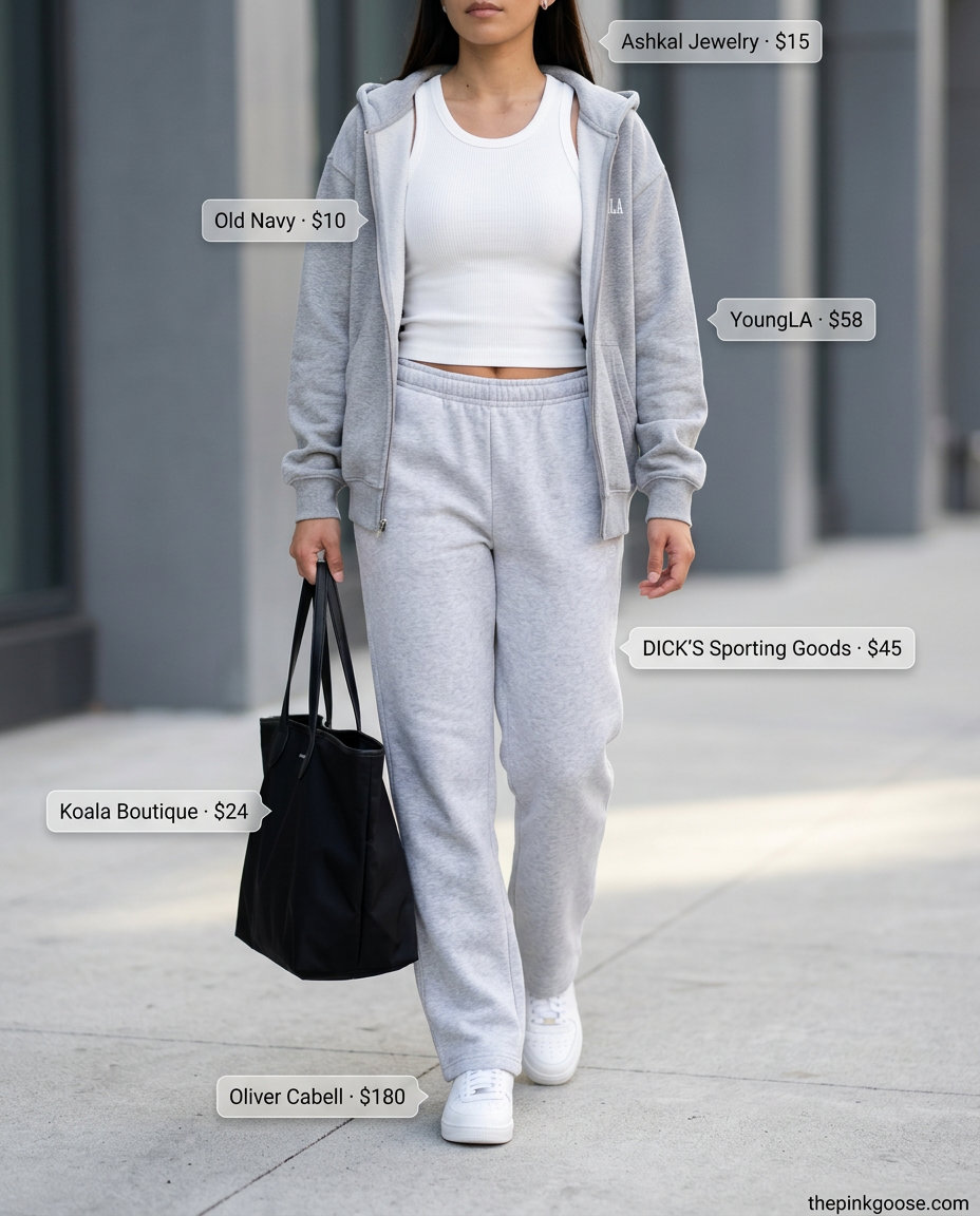 Urban Explorer Hoodie Set: Zip-up hoodie, sweatpants, tank top, sneakers, and shopper tote. Great for travel or errands.