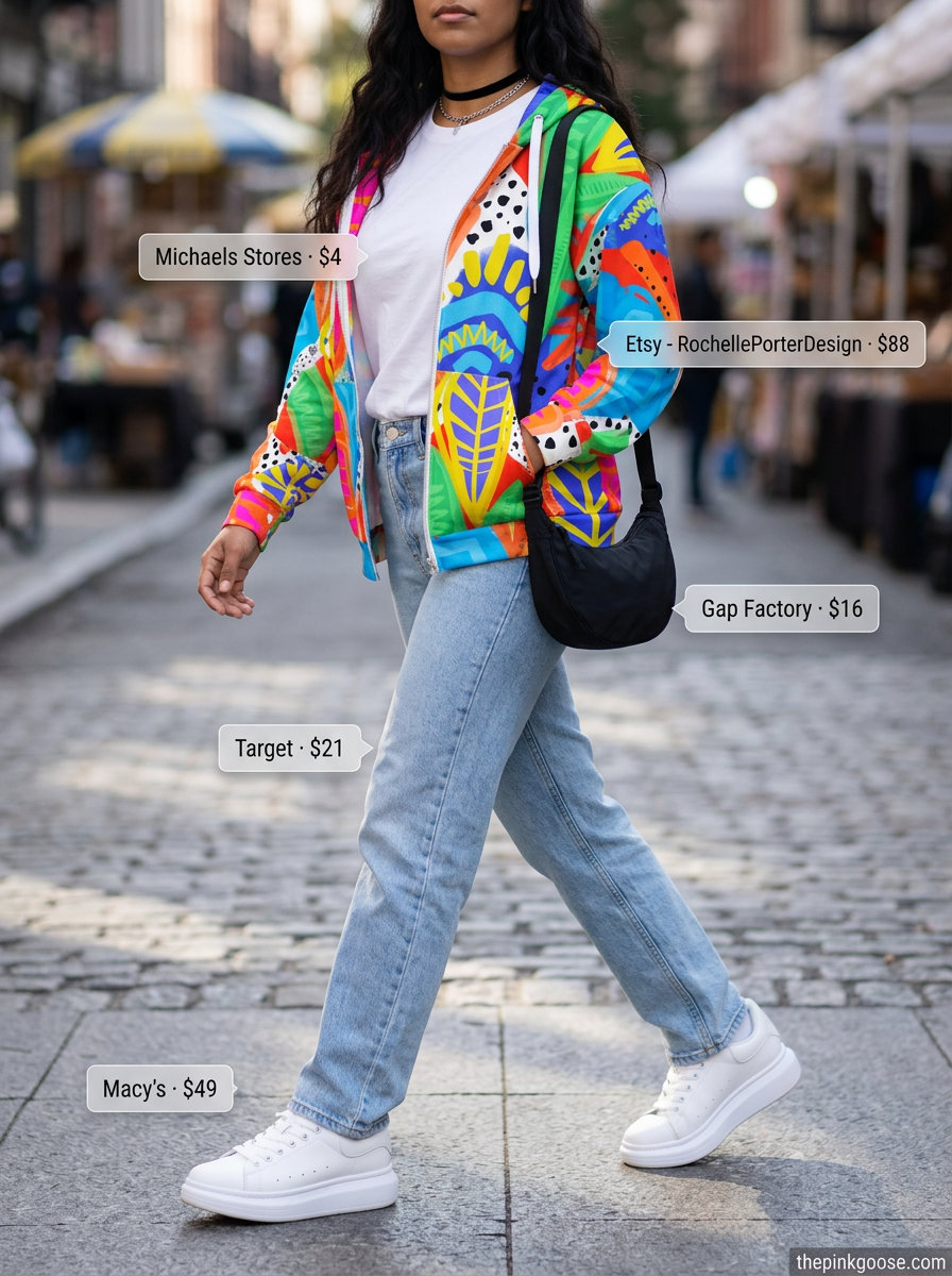 Retro 90s inspired summer zip up hoodie outfit for women 2026 with graphic print and denim, great for casual days.
