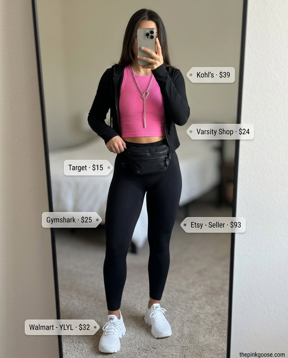 Summer zip up hoodie outfits for women 2026: Black fitted hoodie with hot pink crop top and leggings for an edgy urban look.