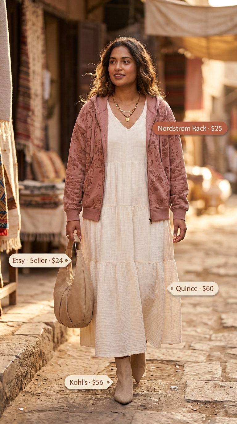 Boho summer evening outfit for women 2026 featuring a cream hoodie and floral maxi dress, perfect for festivals.