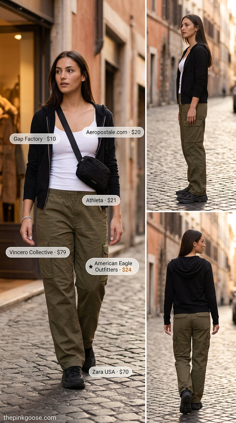 Summer zip up hoodie outfits for women 2026: Black fitted hoodie with olive cargo pants for a utilitarian weekend look.