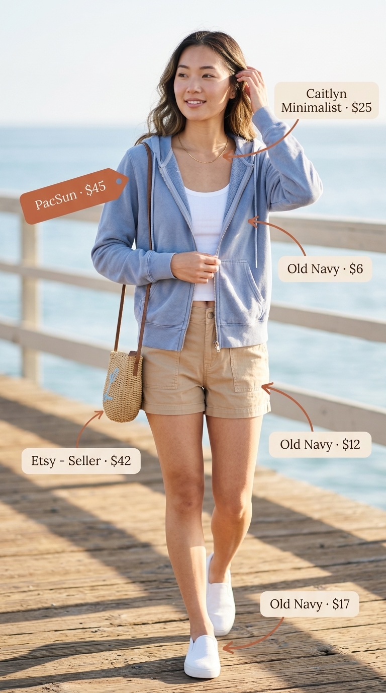 Coastal breeze summer zip up hoodie outfit for women 2026 in light blue and white, ideal for beach days and travel.